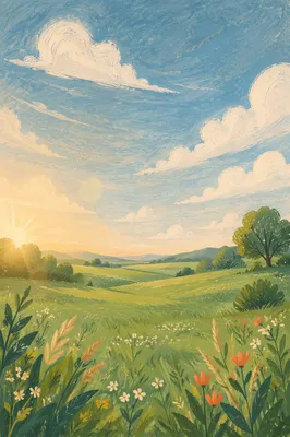 Peaceful Green Field Under Blue Sky