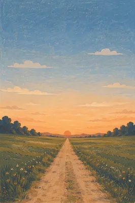 Country Lane Through Green Fields at Sunset