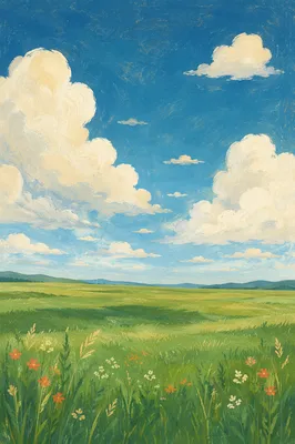 Peaceful Green Field Under Vast Blue Sky