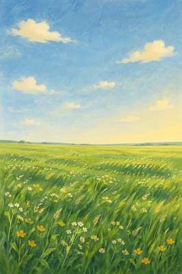 Green Meadow Horizon Under Blue Sky