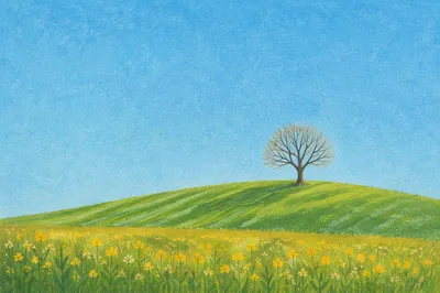 Green Meadow Horizon Under Clear Blue Sky