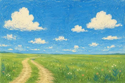 Green Meadow Horizon Under Blue Sky