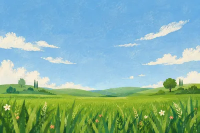 Green Meadow Horizon Under Clear Blue Sky