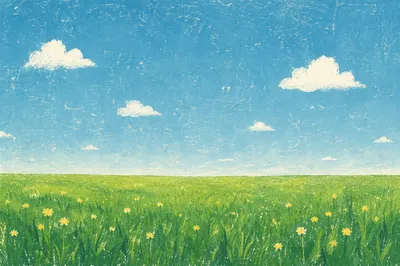Green Meadow Horizon Under Vast Blue Sky