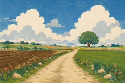 Country Road Across Green Field Horizon