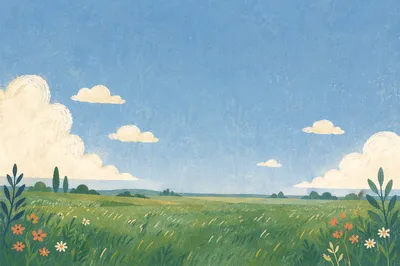 Green Meadow Horizon Under Blue Sky