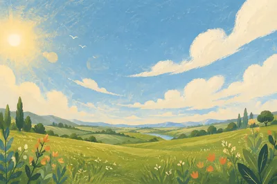 Peaceful Green Field Under Blue Sky