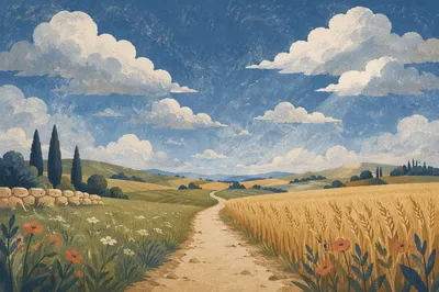 Peaceful Country Lane Under Expansive Blue Sky