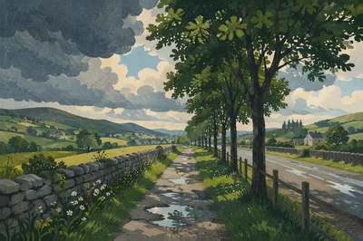 Green Field Path Beneath Stormy Blue Sky