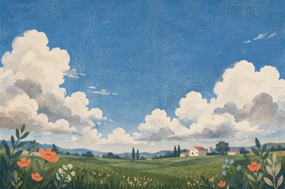 Green Field Horizon Under Expansive Blue Sky