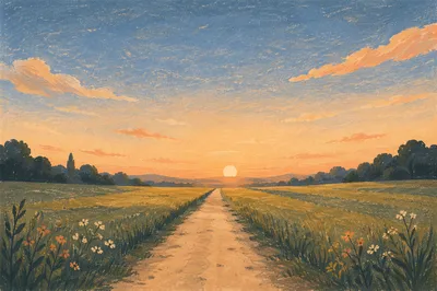 Country Lane Through Green Fields at Sunset