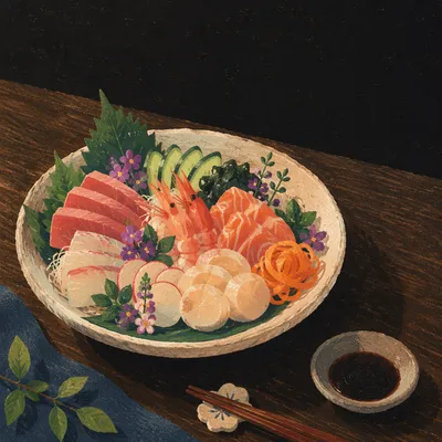 Contemplative Seafood Bowl Dark Background