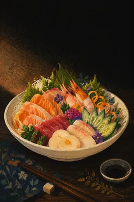Contemplative Seafood Bowl Dark Background