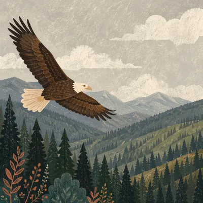 Eagle Soaring Over Mountain Valley Sky