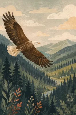 Eagle Soaring Over Evergreen Mountain Valley