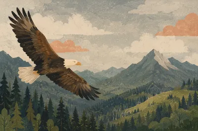 Eagle Soaring Over Mountain Valley Sky