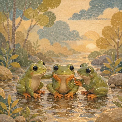 Hopeful Frog Figurines on Dewy Path