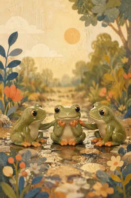 Comforting Frog Figurines on Dewy Stone Path