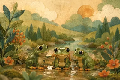 Hopeful Frog Figurines on Dewy Path
