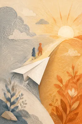 Paper Airplane Bridge Toward Hopeful Sunrise