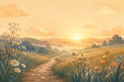 Hopeful Sunrise Path Through Meadow Hills
