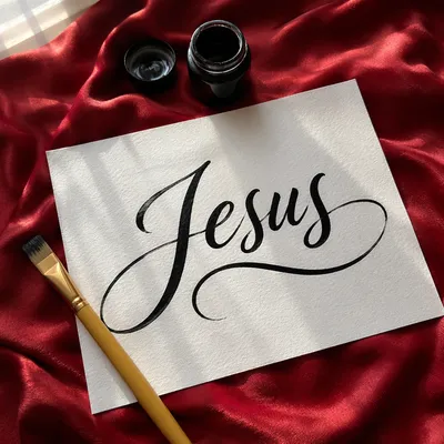 Elegant Jesus Calligraphy on Red Satin