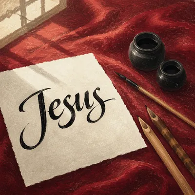 Elegant Jesus Calligraphy on Crimson Satin