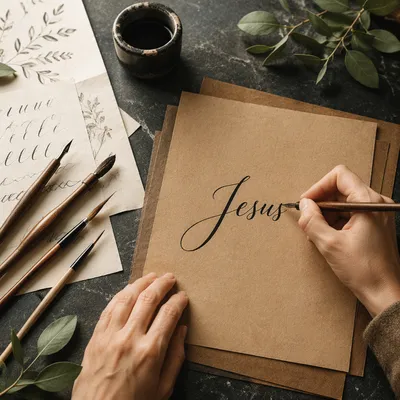 Elegant Calligraphy Workspace With Jesus Script