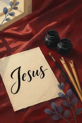 Elegant Jesus Calligraphy on Crimson Satin