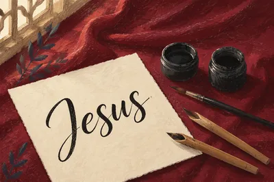 Elegant Jesus Calligraphy on Crimson Satin