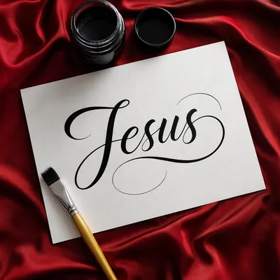 Elegant Jesus Calligraphy on Red Satin