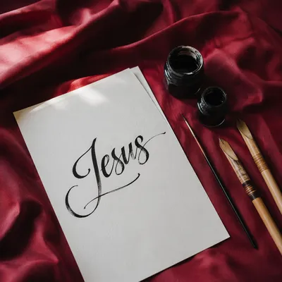 Elegant Jesus Calligraphy on Crimson Satin