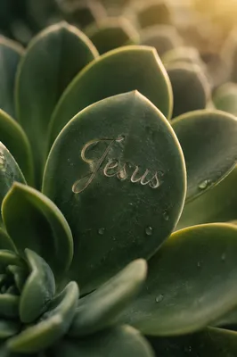 Elegant Jesus Calligraphy on Succulent Leaf