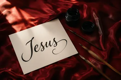 Elegant Jesus Calligraphy on Crimson Satin
