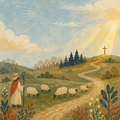 Wooden Cross on Pastoral Hillside Light