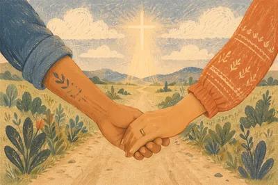 Hands Clasped on Country Road at Sunset