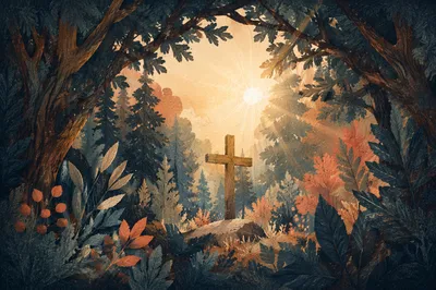 Woodland Cross in Hopeful Evening Light
