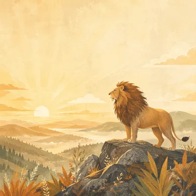 Courageous Lion at Sunrise Horizon