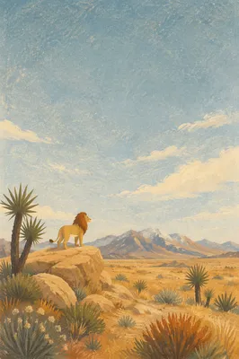 Courageous Lion in Desert Faith Background