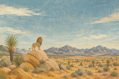 Courageous Lion in Desert Sky Background