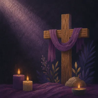 Wooden Cross on Dark Purple Background