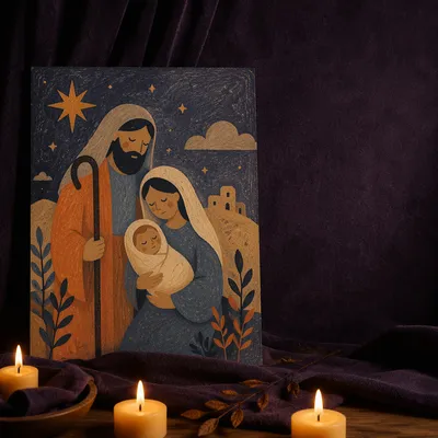 Wooden Cross with Candles on Purple Cloth