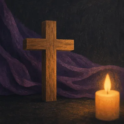 Wooden Cross with Purple Draped Background