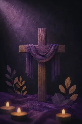 Wooden Cross on Dark Purple Background