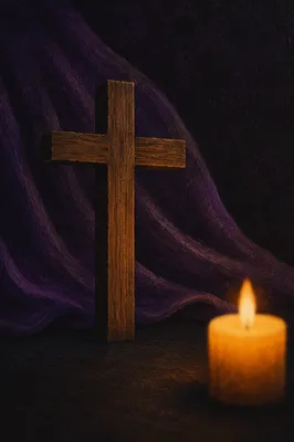 Wooden Cross with Purple Draped Background