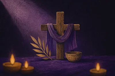 Wooden Cross on Purple Dark Background