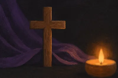 Wooden Cross with Purple Draped Background