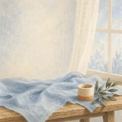 Pale Blue Linen on Wooden Table