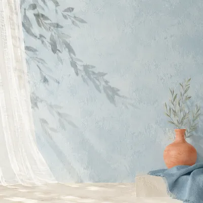 Soft Blue Limewash Wall With Morning Light