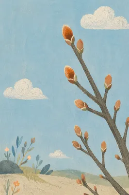 Calming Light Blue Sky With Budding Branch